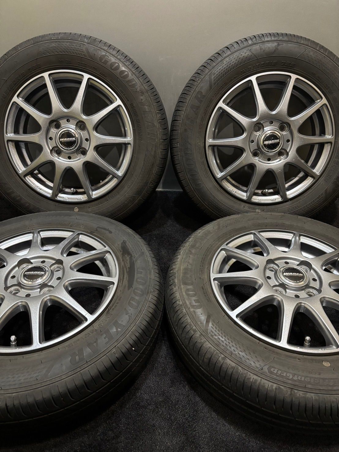 ★145/80R13 GOODYEAR/EffcientGrip ECO EG02 22年製 WAREN 13インチ 4J +45 100 4H 夏タイヤ 4本 アルト ラパン ミラ (南1-M157)