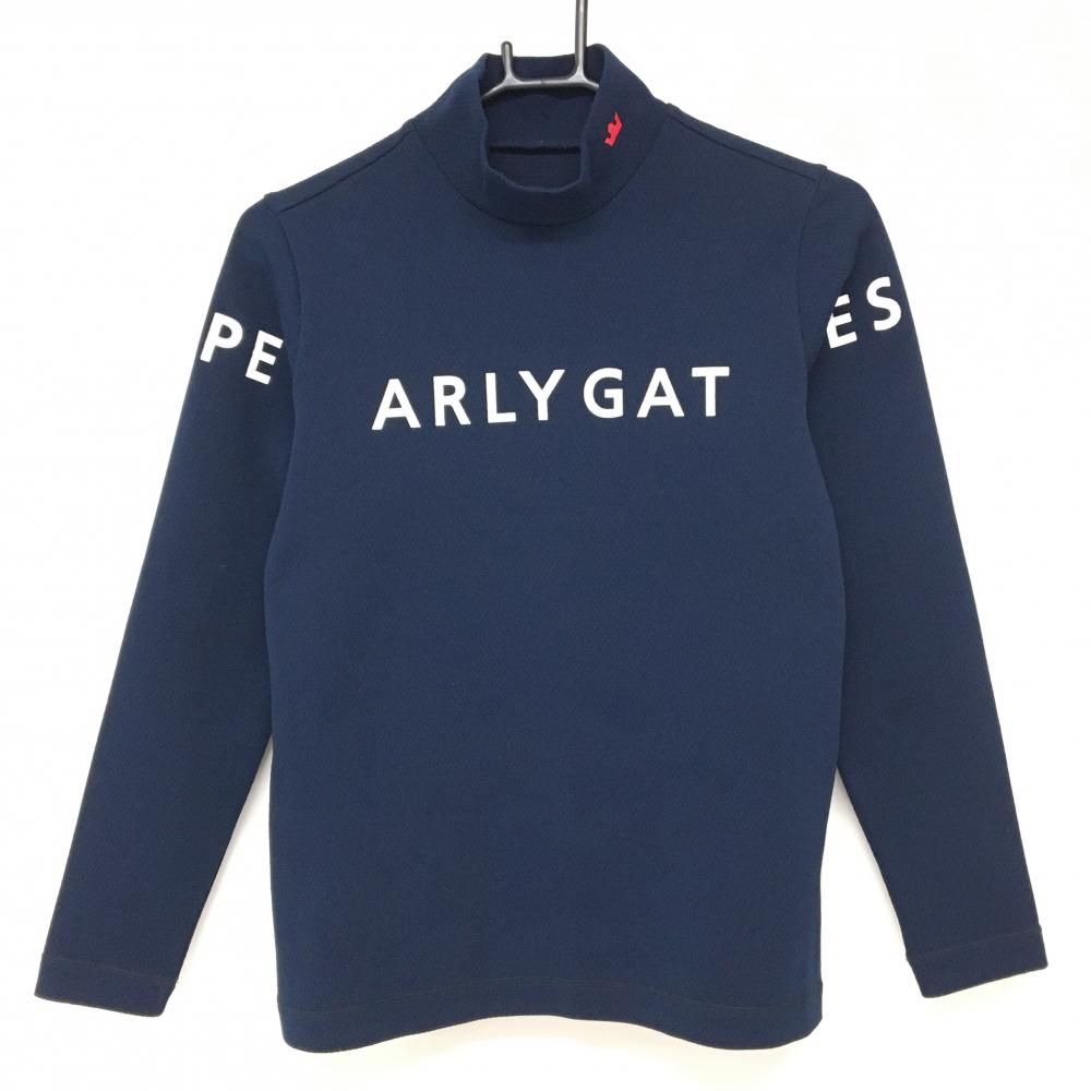 【美品】パーリーゲイツ 長袖ハイネックシャツ ネイビー×白 ロゴプリント レディース 1(M) ゴルフウェア PEARLY GATES