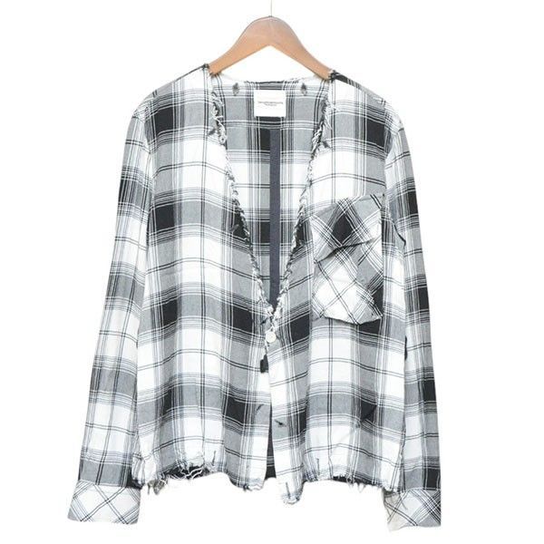 TAKAHIROMIYASHITA TheSoloIst.　タカヒロミヤシタザソロイスト　2017AW　crossover collarless shirt　クロスオーバーカラーレスシャツ　オーバーサイズダメージチェックシャツ　8054000244515