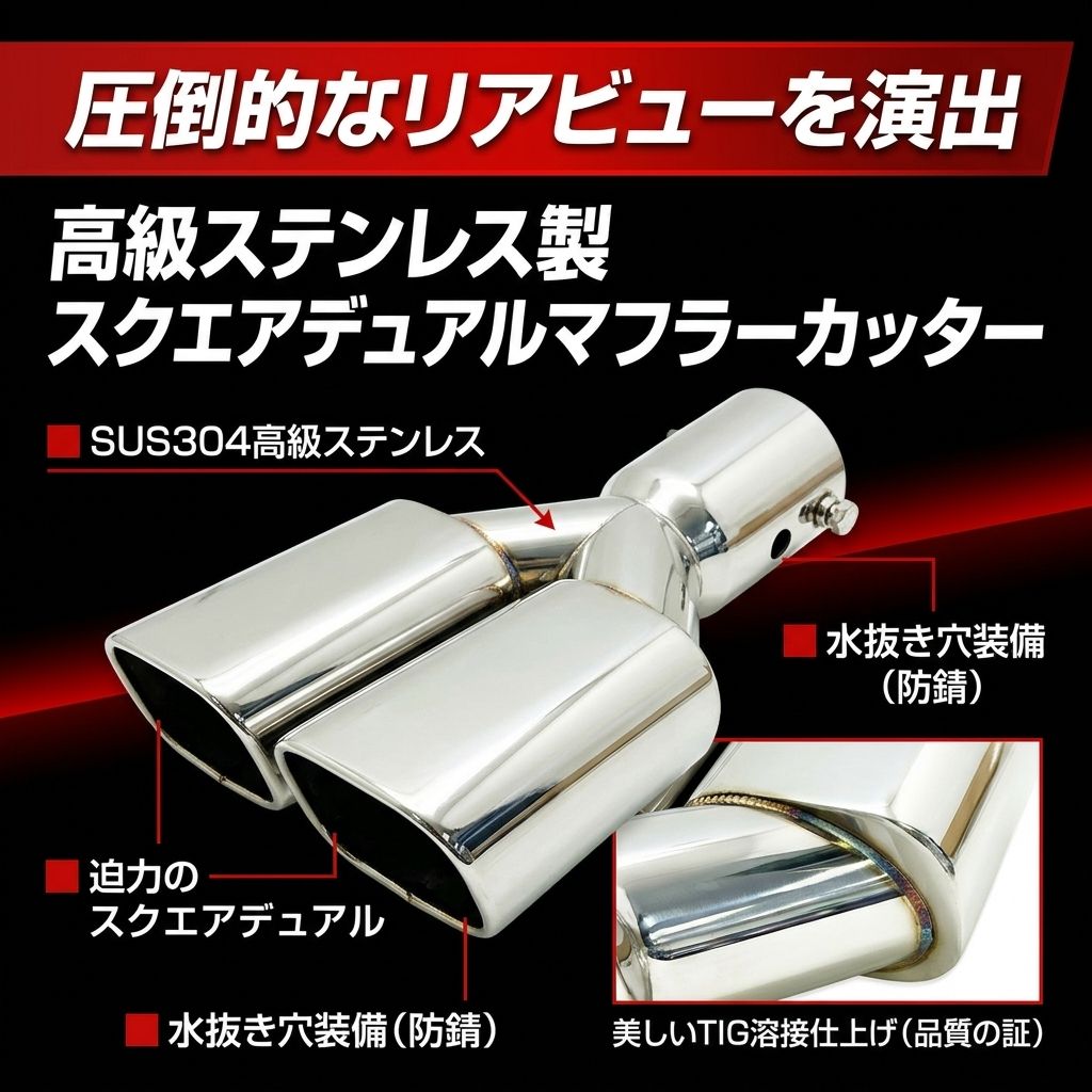 アルファード40に合う マフラーカッター ダブルスクエア ブラック 