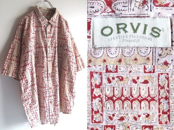 希少 00sビンテージ ORVIS オービス 猫目ボタン コットン 総柄 半袖 シャツ アロハシャツ XXL レッド ベージュ ビッグサイズ