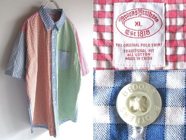 Brooks Brothers ブルックスブラザーズ シアサッカー クレイジー切替 ギンガムチェック 半袖 BDシャツ XL 大きいサイズ USA企画