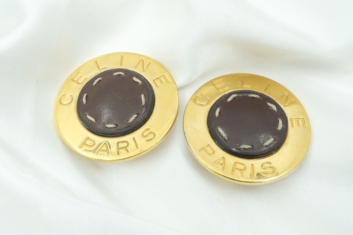 セリーヌ ヴィンテージ サークルロゴ イヤリング ラウンド 大ぶり アクセサリー レザー 金 ゴールド CELINE 6434j