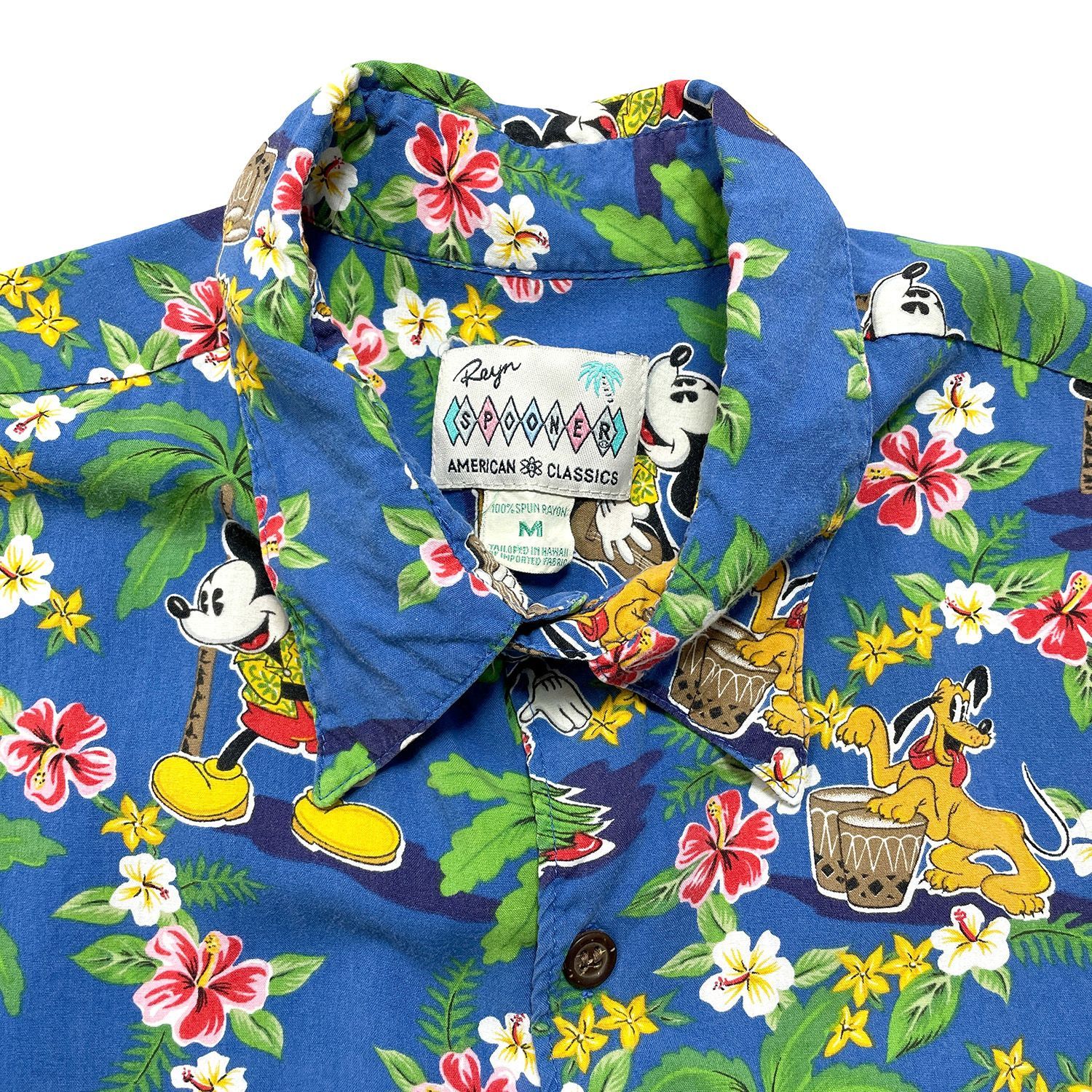 USA 古着 80S 90S Disney x Reyn Spooner レインスプーナー レーヨン アロハシャツ ハワイアンシャツ ミッキーマウス ディズニー メンズM ブルー BF4615