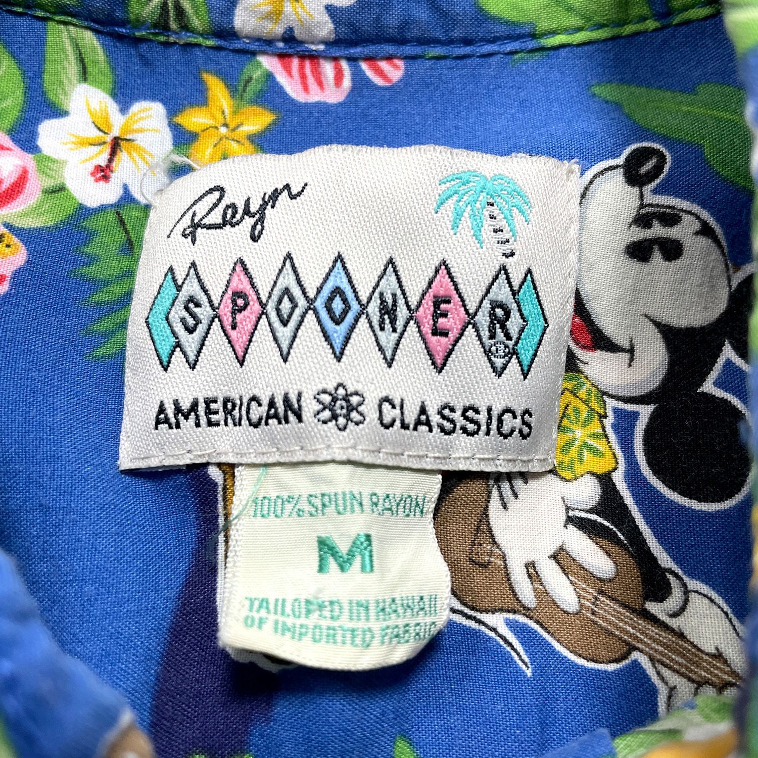 USA 古着 80S 90S Disney x Reyn Spooner レインスプーナー レーヨン アロハシャツ ハワイアンシャツ ミッキーマウス ディズニー メンズM ブルー BF4615