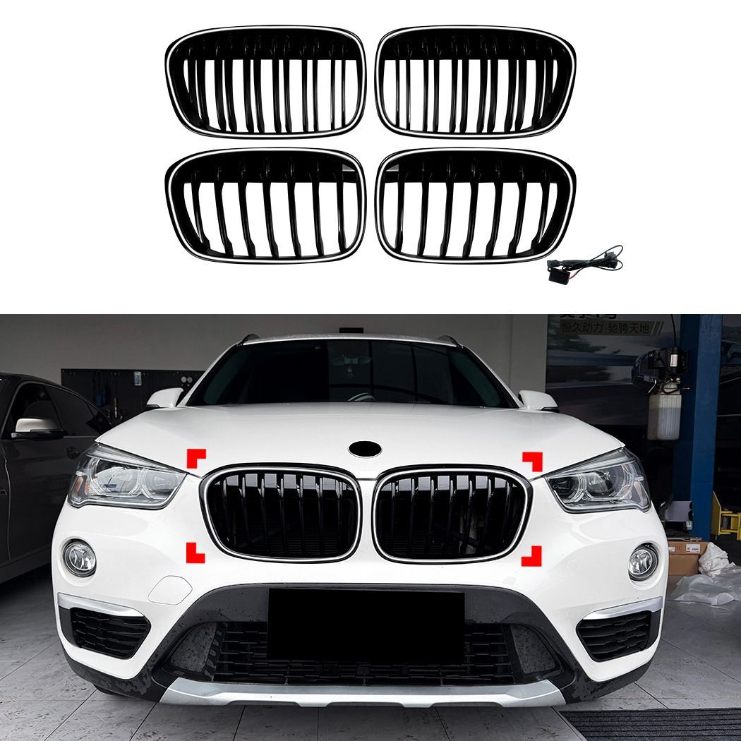 BMW X1 F48 F49 前期 2015-2019対応 LED発光フロントグリル 中網グリル ABS製 帯状ライト付き フロントフェイス演出 ドレスアップ 外観アクセント 専用形状 単線ブラック ダブルラインブラック 2種類 選択可 車外パーツ