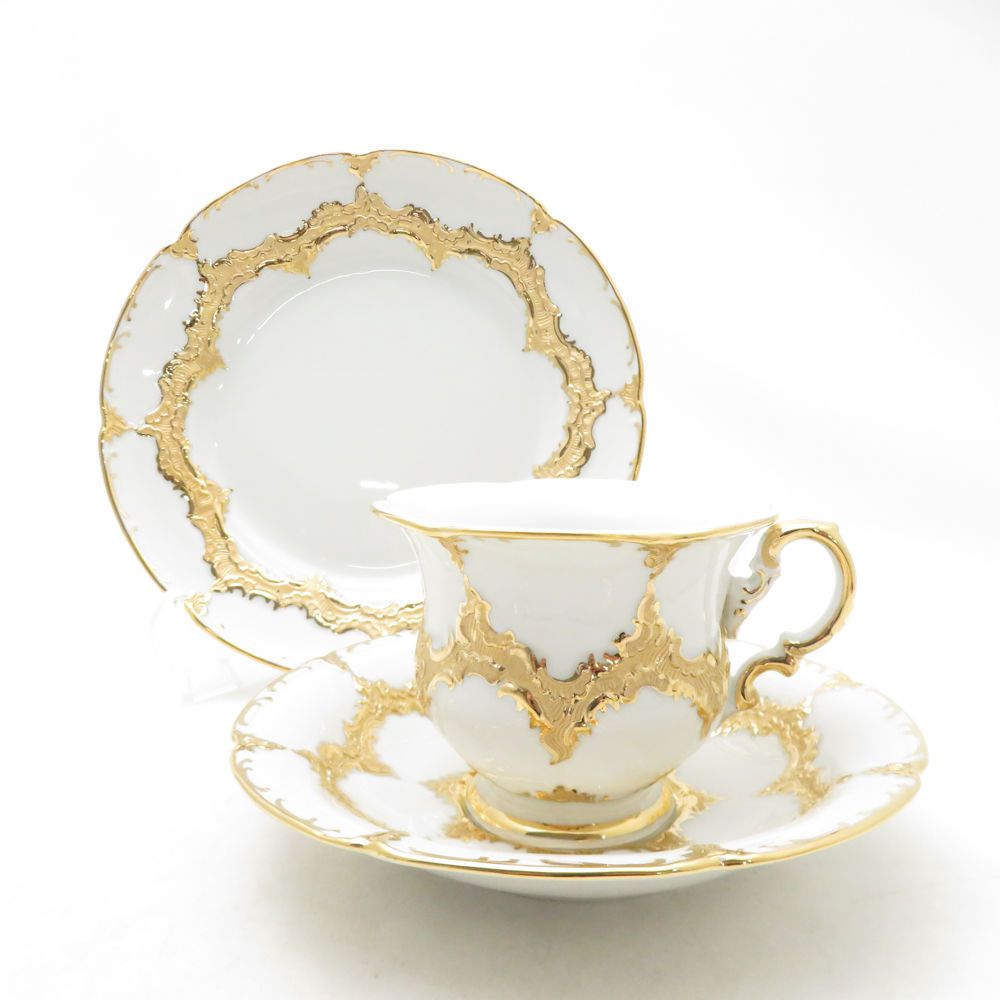 未使用 MEISSEN マイセン Bフォーム グランツゴールド カップ＆ソーサー 中皿 トリオ 1式 セット 金彩 SM5169V2