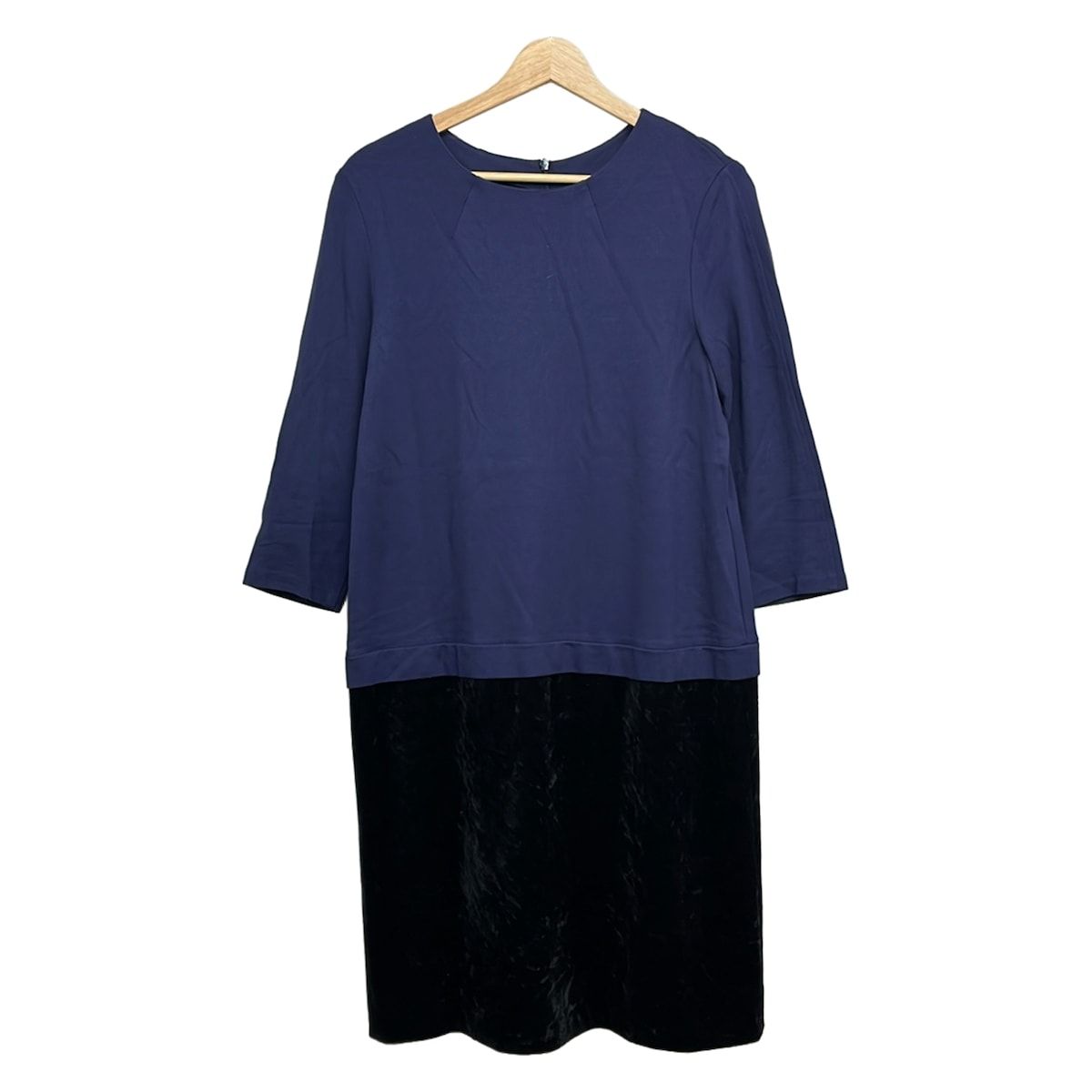 Leilian(レリアン) ワンピース サイズ13 L レディース美品 - ネイビー×黒 クルーネック/七分袖/ロング/ベロア/異素材切替