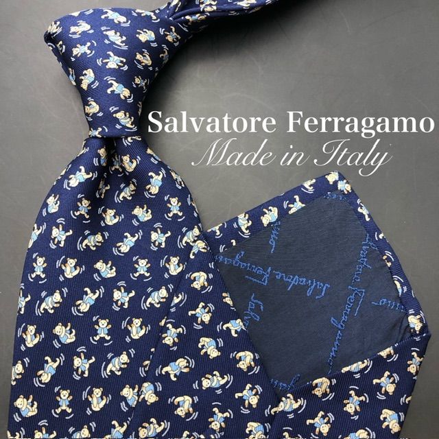 Salvatore Ferragamo ネクタイ ネイビー ブルー クマ 総柄