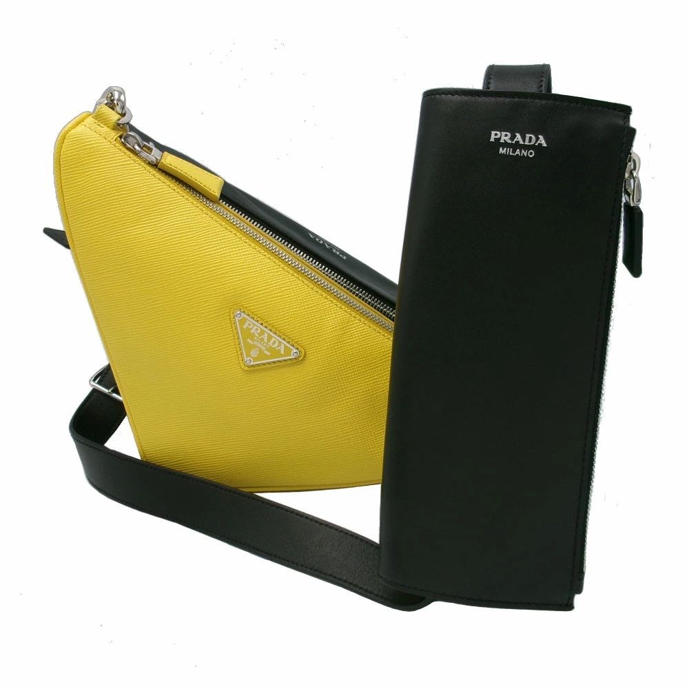 【新品】プラダ バッグ ショルダーバッグ PRADA サフィアーノ レザー トライアングル ショルダー マルチポーチ付き 2VH157 VITELLO+SAFFIAN NERO+SOLE(ブラック×イエロー系)アウトレット メンズ 送料無料