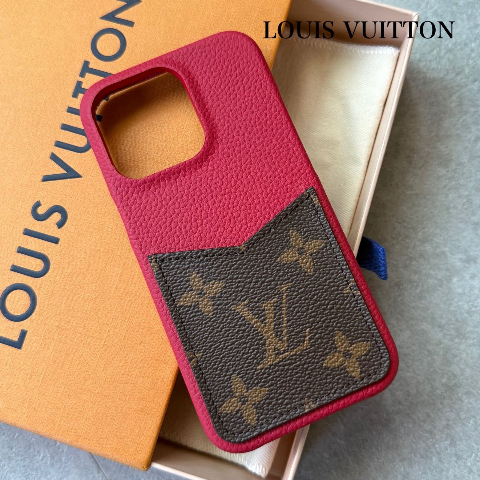 極美品 LOUIS VUITTON ルイヴィトン モノグラム iPhone13pro ケース レザー ブラウン レッド M81343