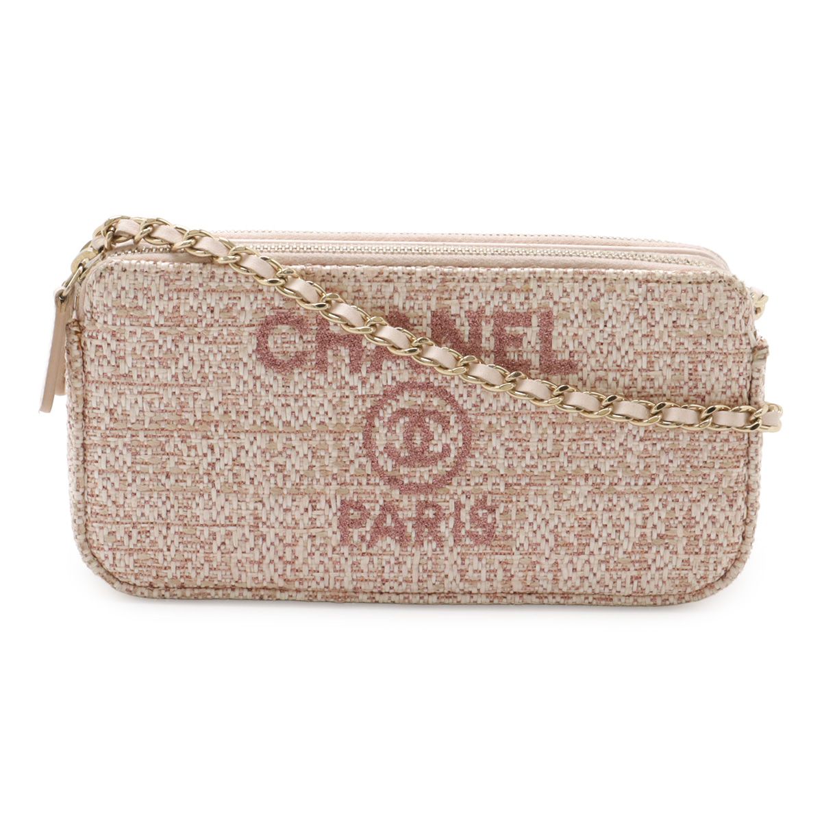 CHANEL シャネル ドーヴィル チェーンウォレット 長財布 2WAY ショルダーバッグ クラッチ ツイード ラメ ラフィア ピンク ゴールド金具 A81978