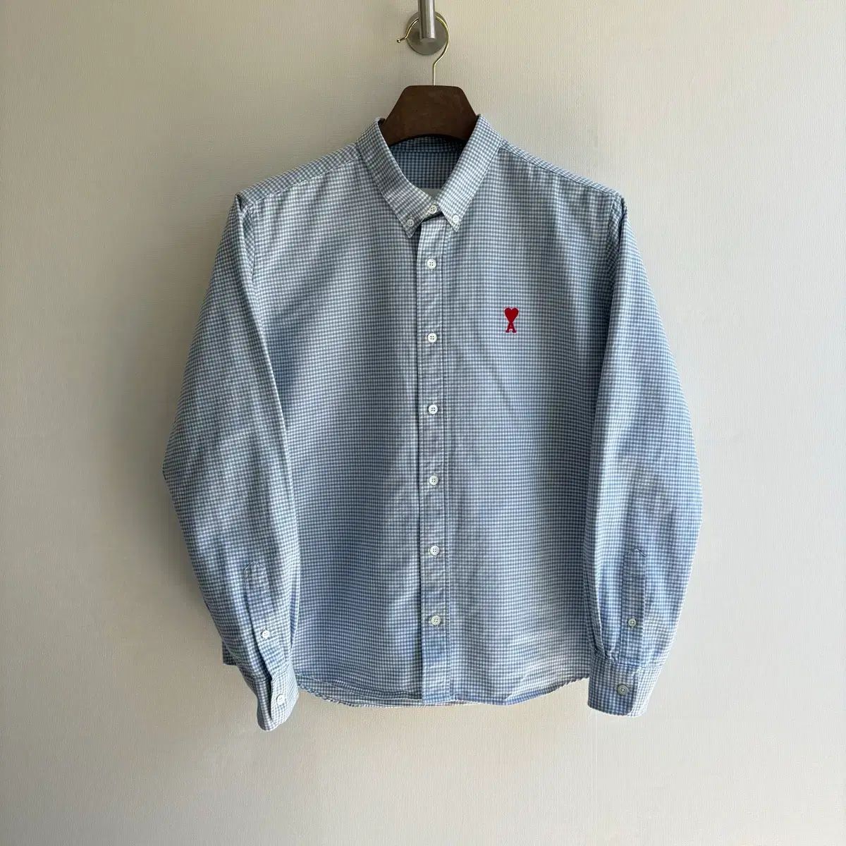 アミ スモール ハート ロゴ ブルー ギンガム CHECK シャツ