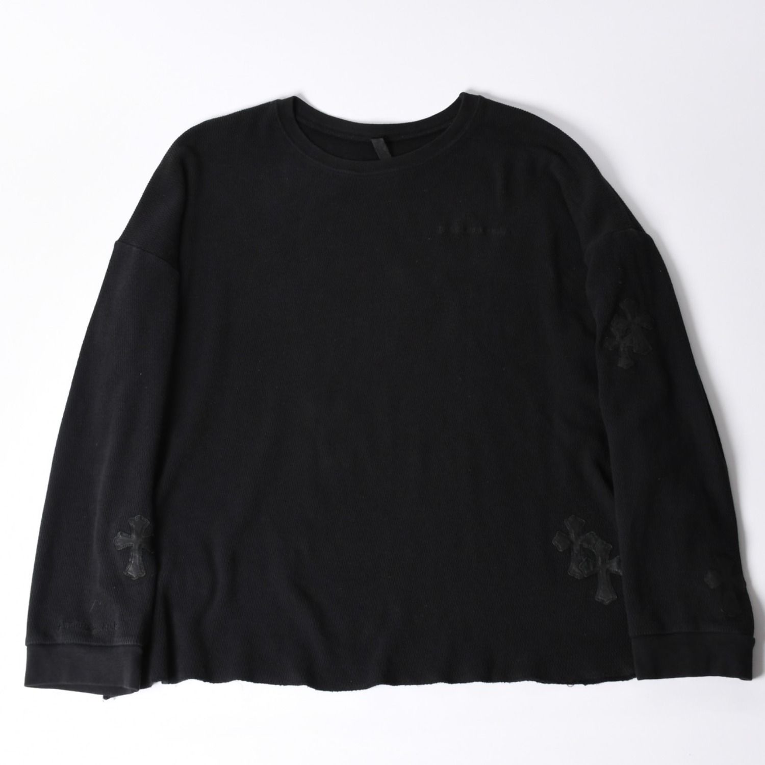 CHROME HEARTS クロムハーツ クロスパッチサーマルクルーネックカットソー レザークロスパッチ ブラック サーマル ロンT カットオフ ワッフル地 美品 中古 4a002111