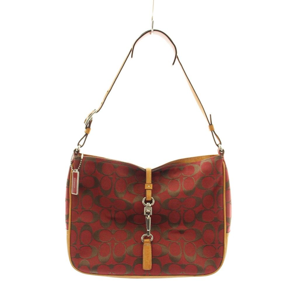 コーチ COACH シグネチャー ショルダーバッグ ハンドバッグ キャンバス レザー ベージュ 赤 レッド 6091 /AN54 ■GY18
