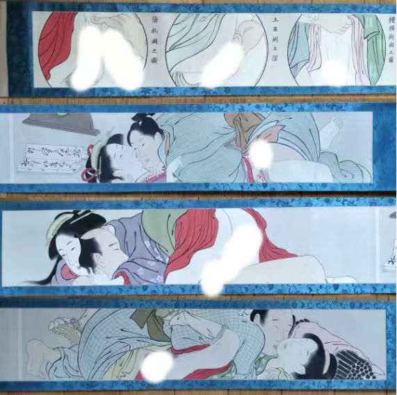 大正期 春画巻物 双巻セット 小林古径「美人絵乃泰斗」絹本 肉筆 全12図 真作 錦絵 浮世絵 艶本 枕絵 秘画 裸婦 男根 春宮図