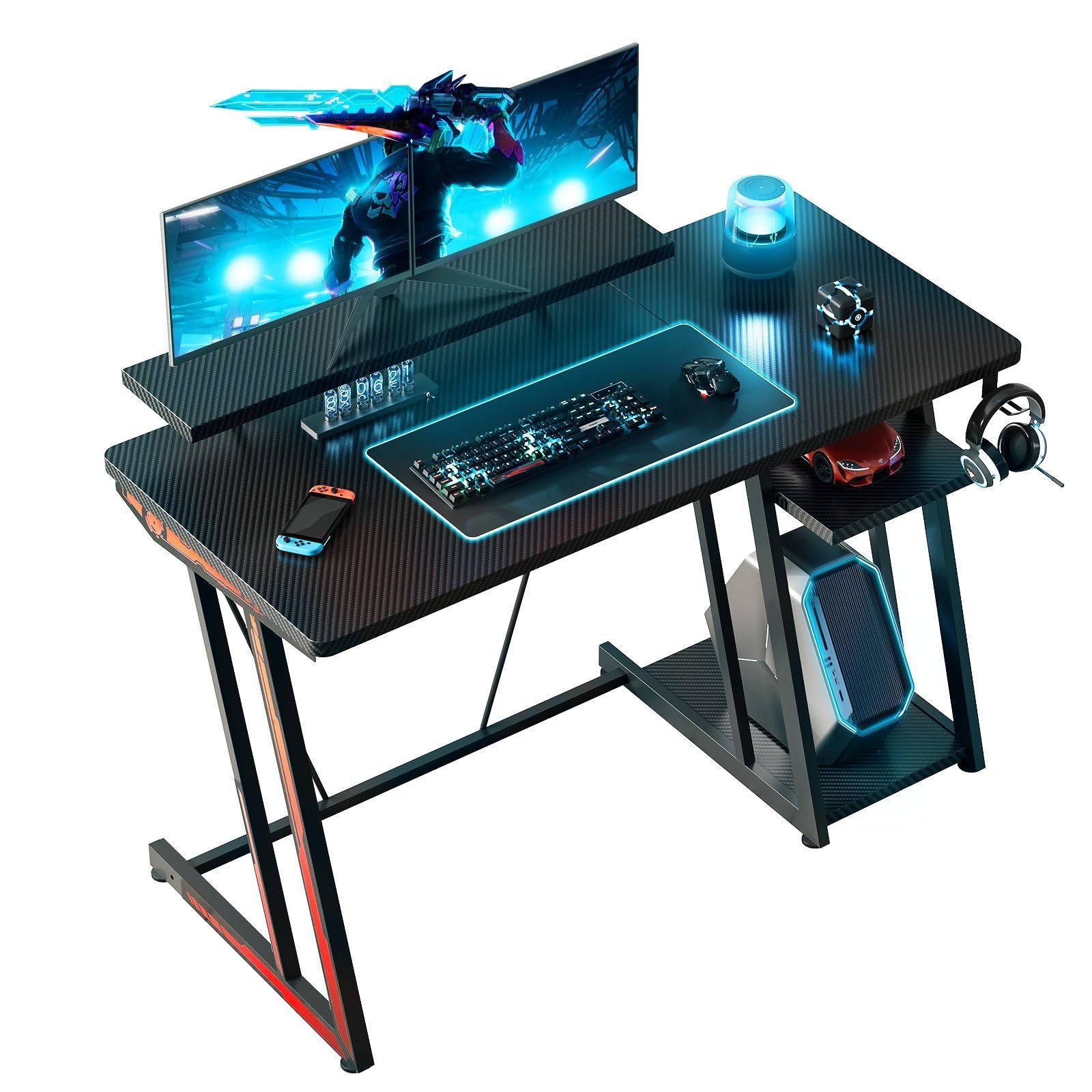 マルチモニター3台設置 拡張収納棚 カーボンファイバー天板 120cm ストリーミング特化ゲームデスク 大型ゲーミングデスク ブラック YeTom