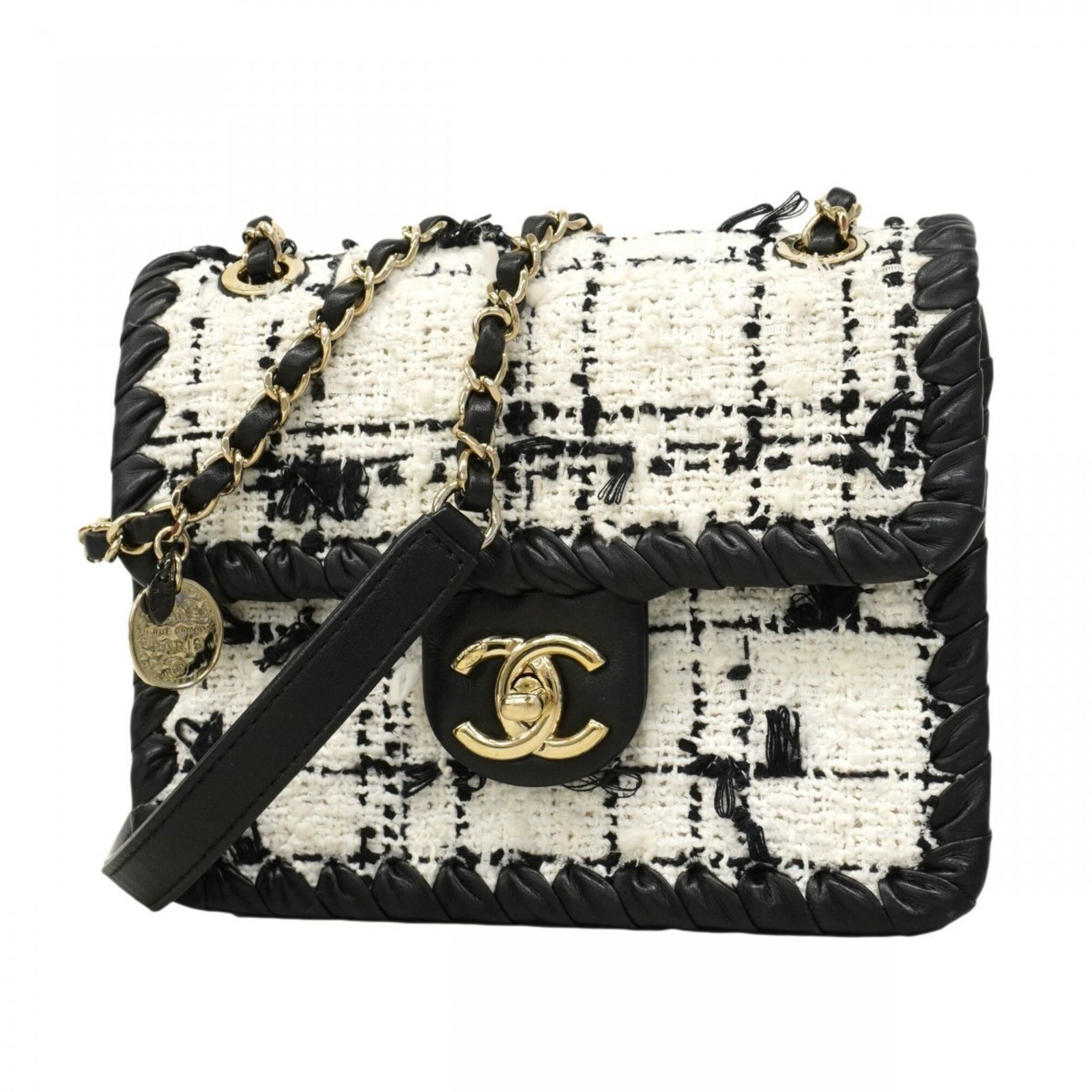 シャネル(Chanel) シャネル ショルダーバッグ Wチェーン ツイード ブラック ホワイト シャンパンレディース P2868482