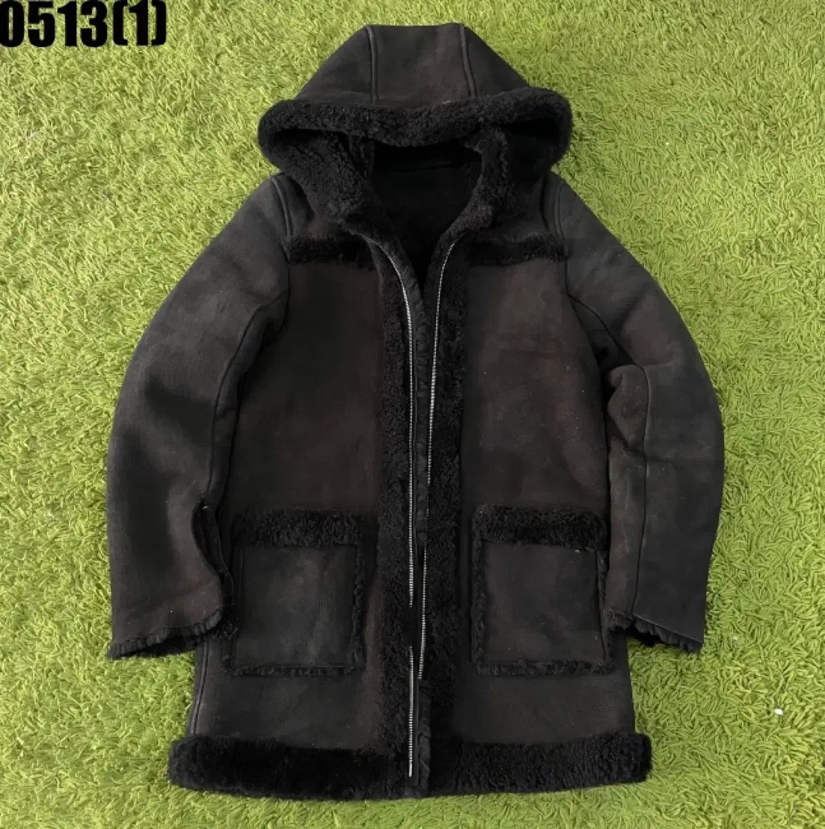 SANDRO サンドロ ブラック ムートン フード ロング コート 1size