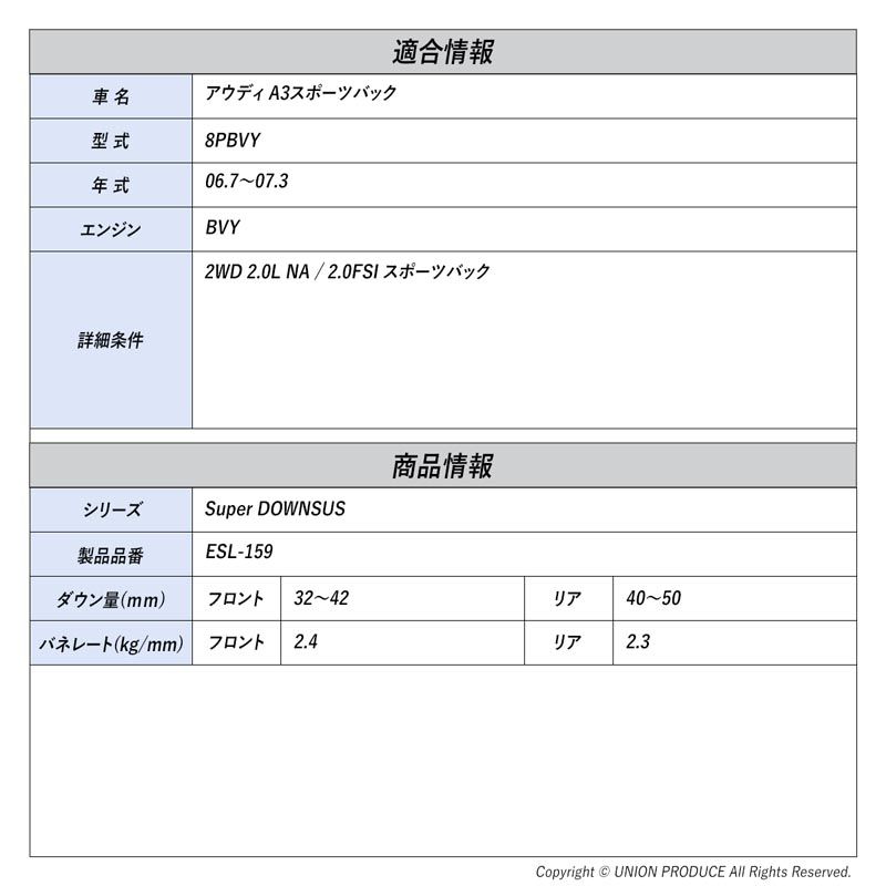 [エスペリア]アウディ A3スポーツバック 8PBVY / 2WD 2.0L NA(06.7～07.3)用スーパーダウンサス