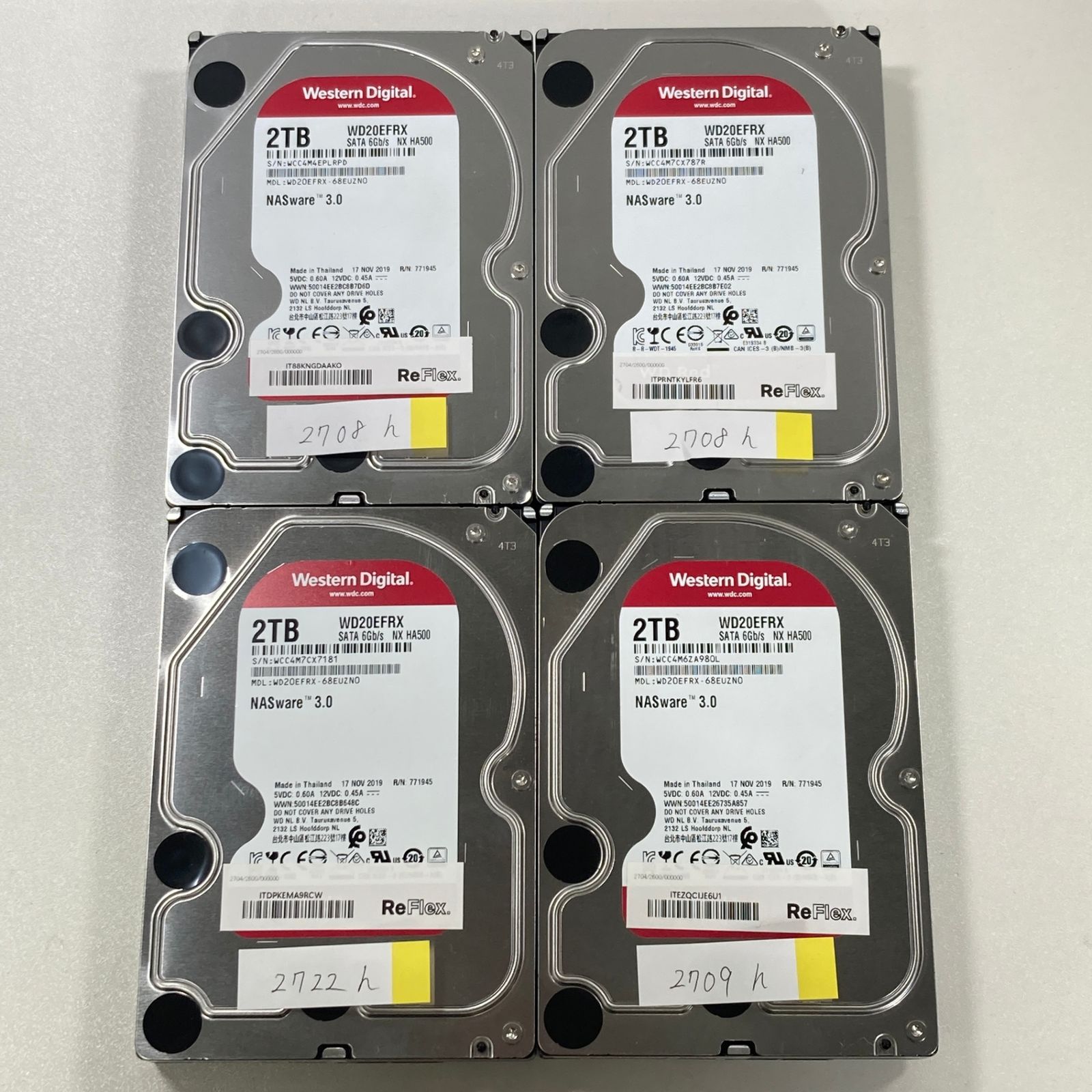 【中古】 Western Digital WD20EFRX 2TB 4枚セット(データ削除済み)