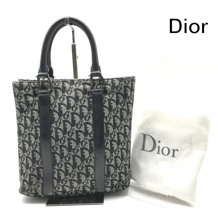 良品 Christian Dior ディオール トロッター キャンバス レザー シルバー金具 ハンド トート バッグ ブラック レディース k6700