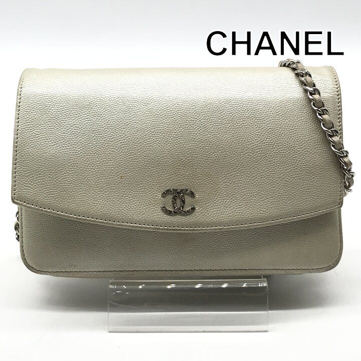 良品 CHANEL シャネル ココマーク キャビアスキン シルバー金具 チェーン ウォレット ショルダー バッグ 財布 レディース k7118