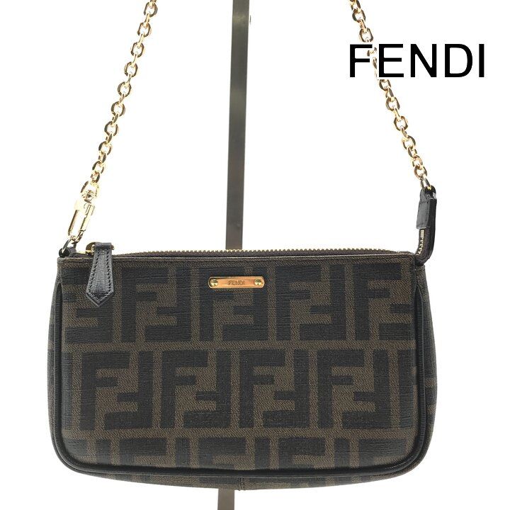 美品 FENDI フェンディ ズッカ PVC レザー アクセサリー ポーチ ショルダー バッグ カーキ レディース 小物入れ tm144