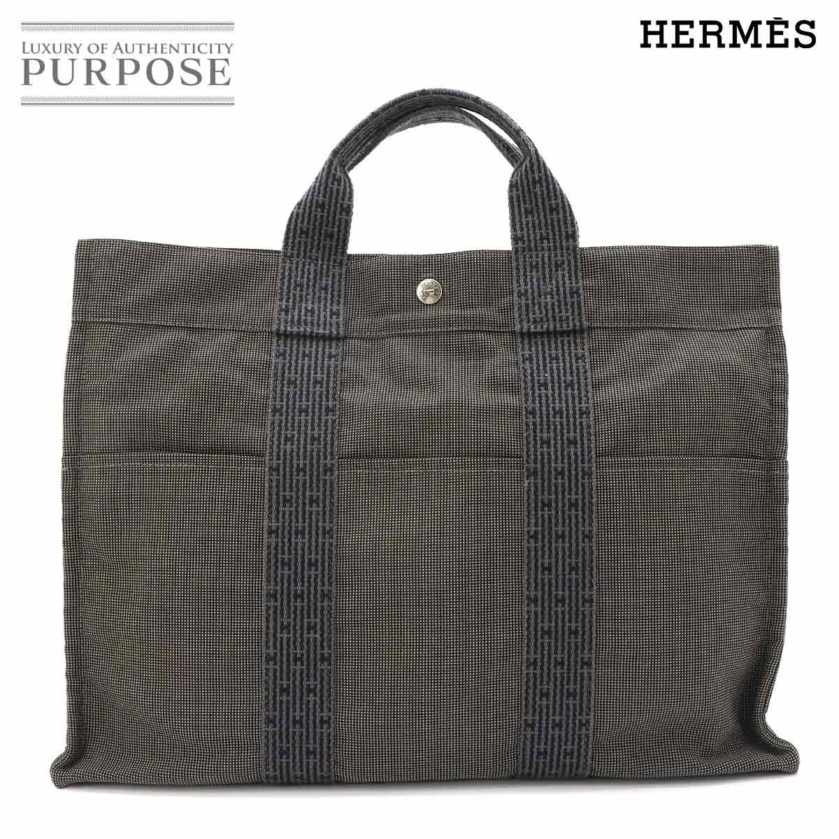 エルメス HERMES エールライン MM トート バッグ キャンバス グレー シルバー 金具 Herline Tote MM 90321815