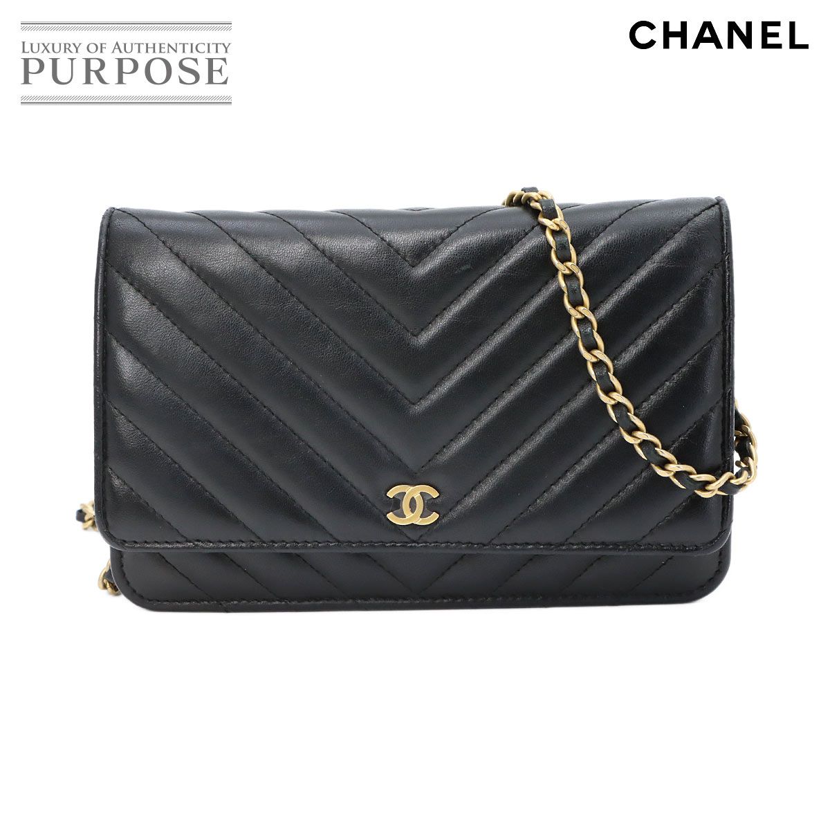 新品同様 シャネル CHANEL シェブロン Vステッチ チェーン ウォレット 長財布 ラムスキン ブラック A33814 ゴールド 金具 90322260
