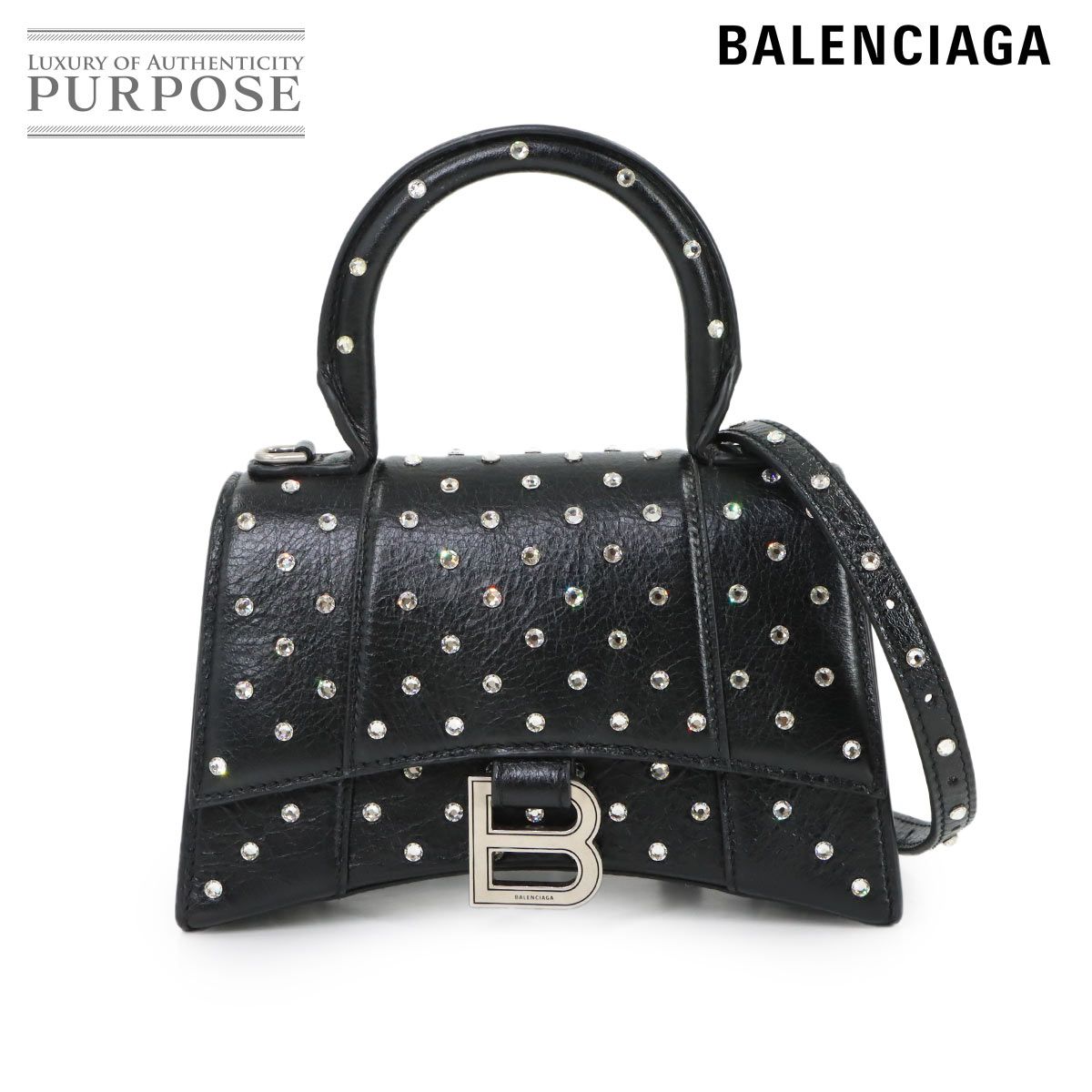 新品同様 バレンシアガ BALENCIAGA アワーグラス XS 2way ハンド ショルダー バッグ レザー ブラック ラインストーン 592833 90322792