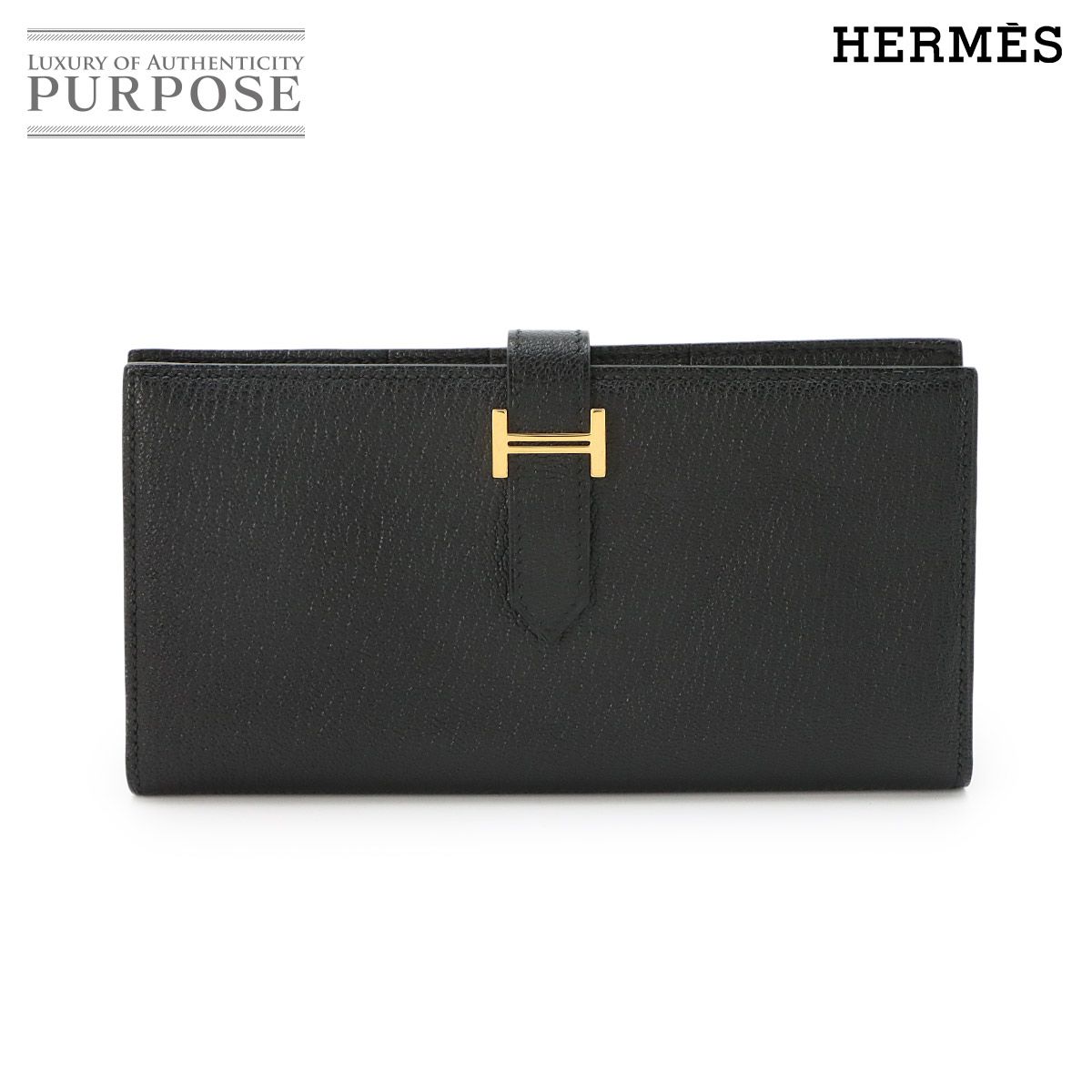 未使用 展示品 エルメス HERMES ベアンスフレ 二つ折り 長財布 シェーブル ブラック □M刻印 ゴールド 金具 90324254