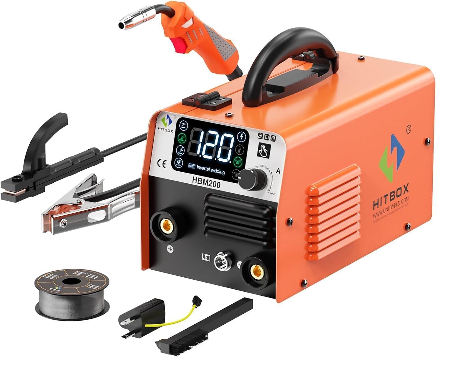 HBM200 ジャンク品電源ボタンが壊れた半自動溶接機 100V 200V兼用アーク溶接機 小型 家庭用溶接機 最大出力200A 薄板と板厚対応 ノンガスMIG/被覆アークMMA/LIFT TIG 溶接 定格使用率40％ インバーター 溶接ワイヤー付き