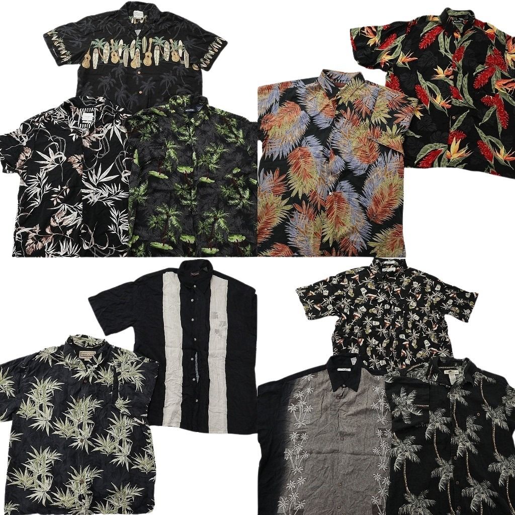 古着卸 まとめ売り 黒ボディ アロハシャツ 10枚セット ( メンズ XL ) パームツリー リーフ柄 ボックスカット 中古 古着 NE7529