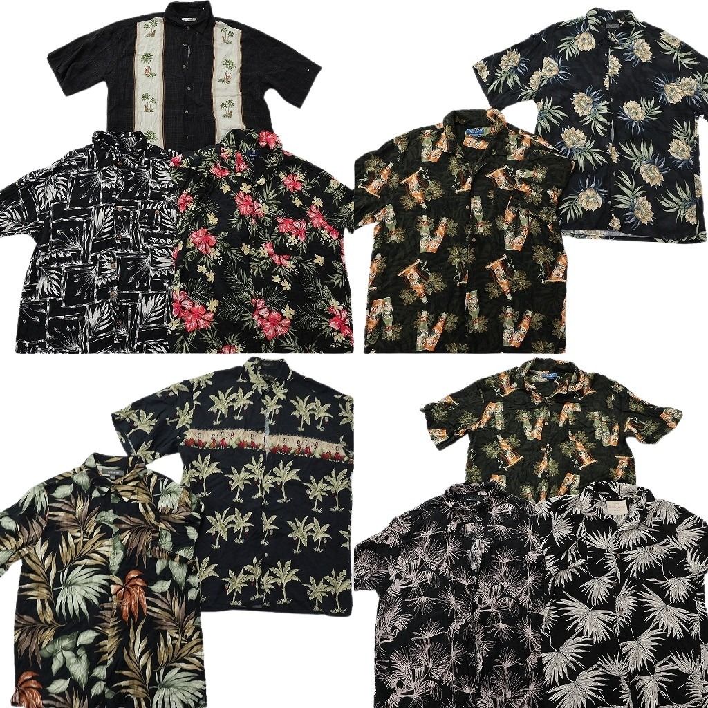 古着卸 まとめ売り 黒ボディ アロハシャツ 10枚セット ( メンズ L ) ハイビスカス リーフ柄 パームツリー 飲み物モチーフ 中古 古着 NE7532