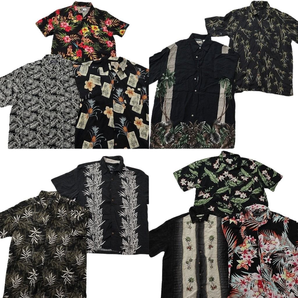 古着卸 まとめ売り 黒ボディ アロハシャツ 10枚セット ( メンズ L ) ピクチャーモチーフ ハイビスカス パームツリー 中古 古着 NE7533 10,508円