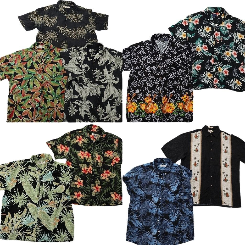古着卸 まとめ売り 黒ボディ アロハシャツ 9枚セット ( メンズ L ) リーフ柄 パイナップル ハイビスカス 中古 古着 NE7536