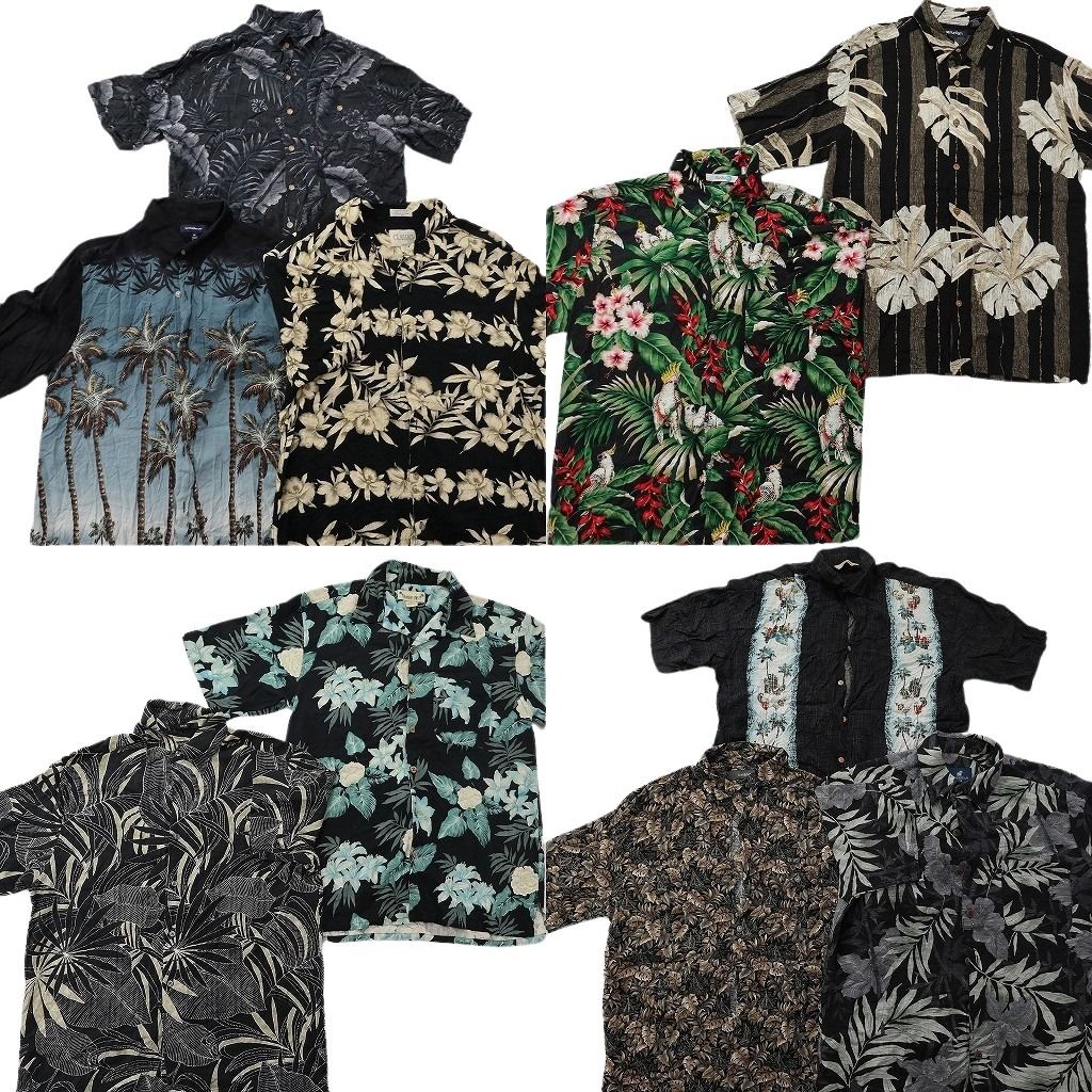 古着卸 まとめ売り 黒ボディ アロハシャツ 10枚セット ( メンズ M ) パームツリー リーフ柄 ハイビスカス ボックスカット 中古 古着 NE7537