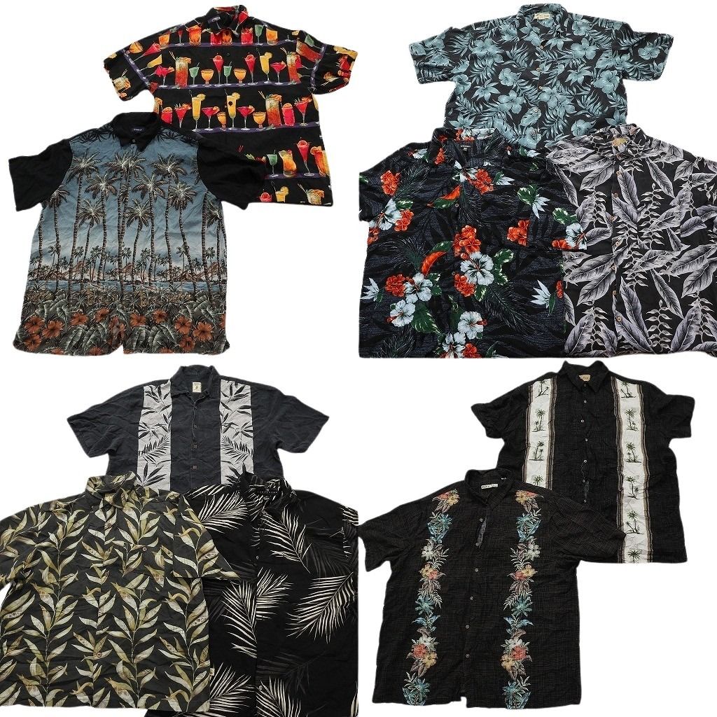 古着卸 まとめ売り 黒ボディ アロハシャツ 10枚セット ( メンズ 2XL ) 飲み物モチーフ パームツリー ハイビスカス 中古 古着 NE7560