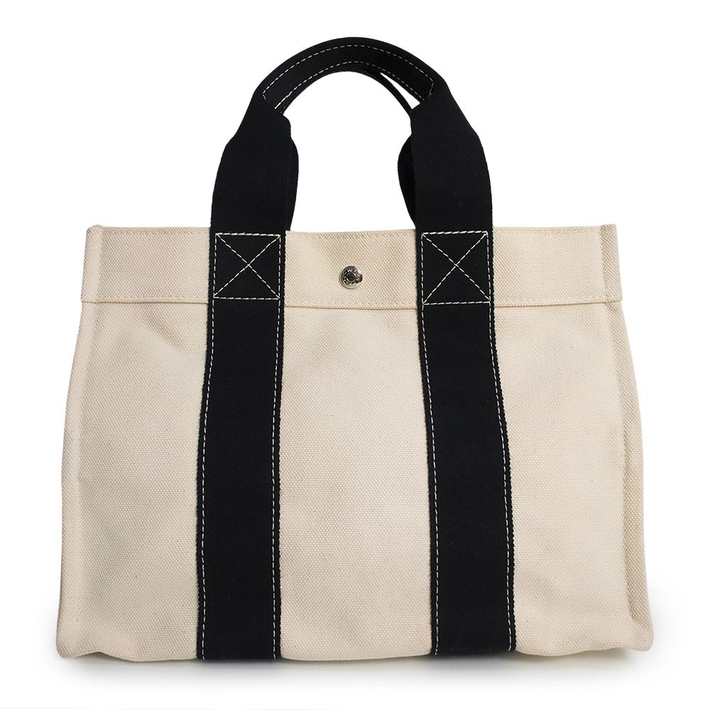 エルメス ボラボラ PM コットンキャンバス ブラック アイボリー トートバッグ シルバー金具 HERMES（美品）