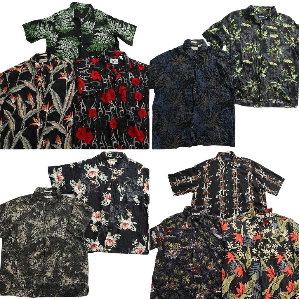 古着卸 まとめ売り 黒ボディ アロハシャツ 10枚セット ( メンズ L ) ハイビスカス リーフ柄 オープンカラー 中古 古着 NE7571