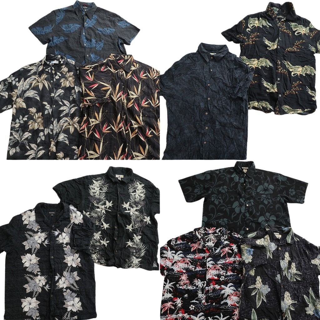 古着卸 まとめ売り 黒ボディ アロハシャツ 10枚セット ( メンズ M/L ) パームツリー リーフ柄 ハイビスカス 中古 古着 NE7574