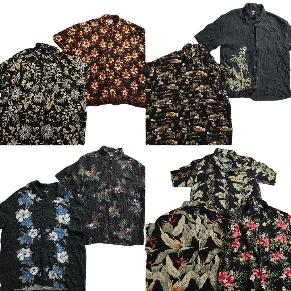 古着卸 まとめ売り 黒ボディ アロハシャツ 9枚セット ( メンズ XL/2XL ) ハイビスカス リーフ柄 パイナップル 中古 古着 NE7579