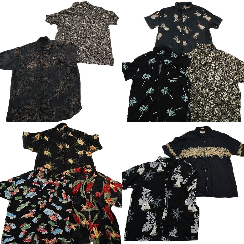 古着卸 まとめ売り 黒ボディ アロハシャツ 10枚セット ( メンズ XL ) パームツリー リーフ柄 ハイビスカス 中古 古着 NE7582