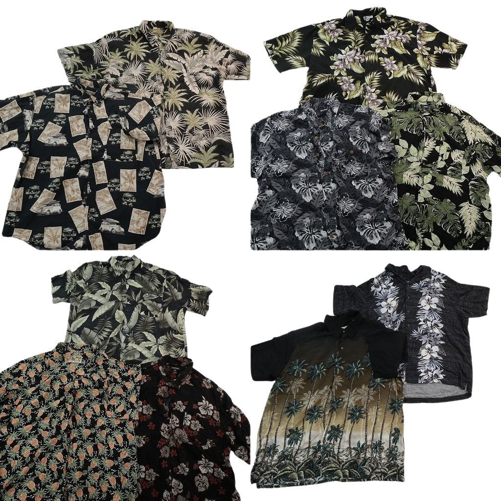 古着卸 まとめ売り 黒ボディ アロハシャツ 10枚セット ( メンズ XL ) 乗り物 ピクチャー パームツリー パイナップル 中古 古着 NE7583