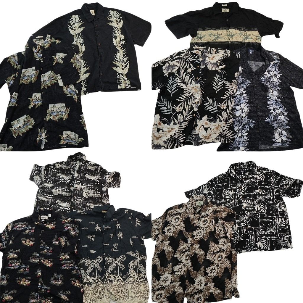 古着卸 まとめ売り 黒ボディ アロハシャツ 10枚セット ( メンズ L/XL ) ピクチャーモチーフ 乗り物 ハイビスカス 中古 古着 NE7585