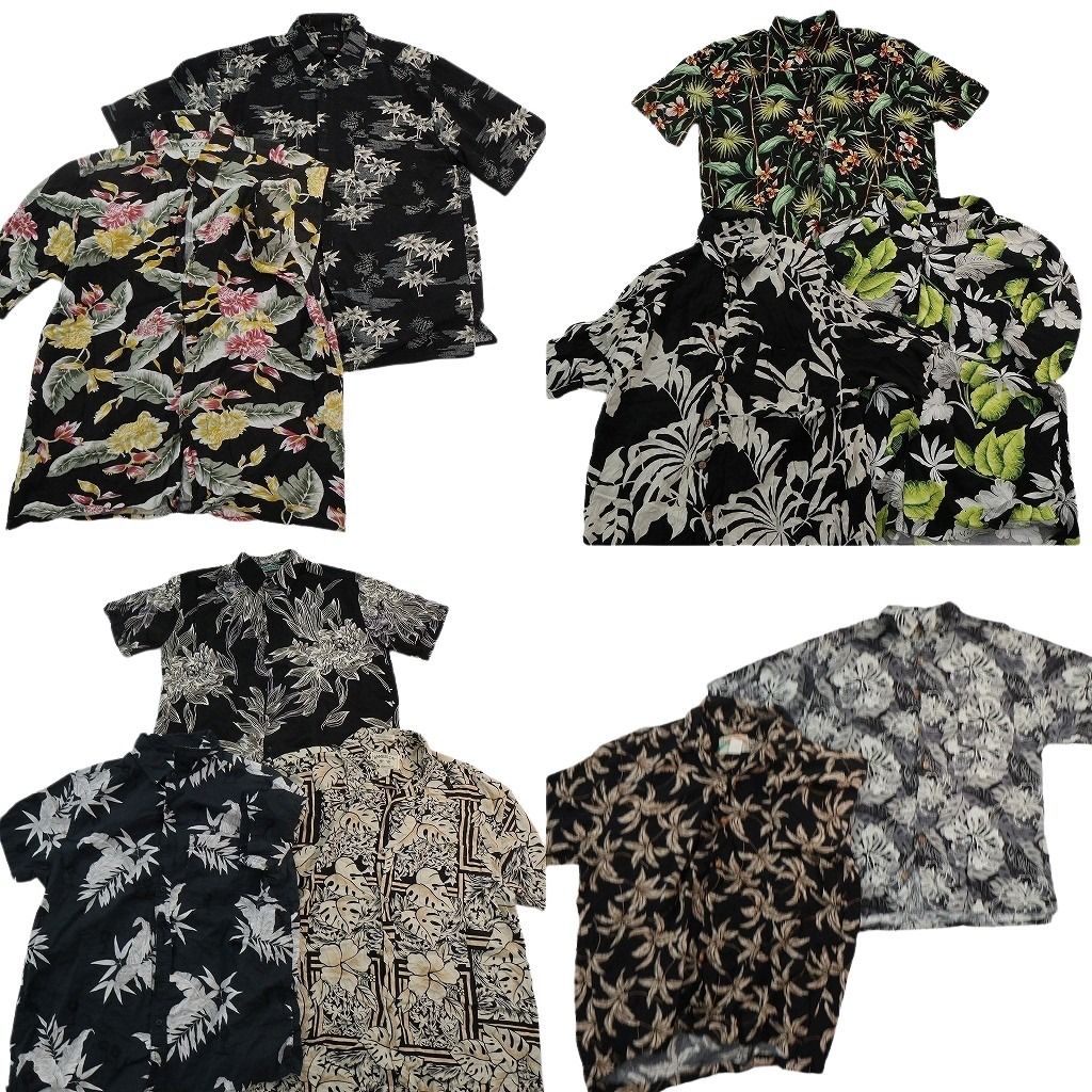 古着卸 まとめ売り 黒ボディ アロハシャツ 10枚セット ( メンズ L ) ヤシの木 ボックスカット リーフ柄 中古 古着 NE7586