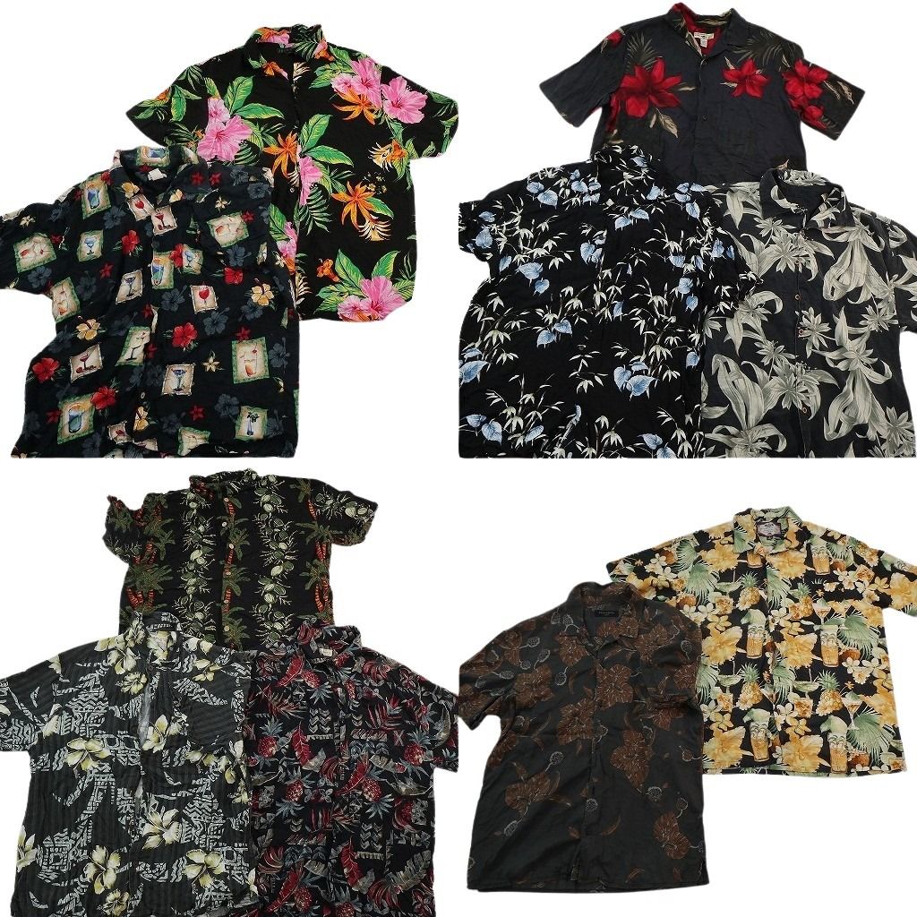 古着卸 まとめ売り 黒ボディ アロハシャツ 10枚セット ( メンズ L ) 飲み物モチーフ ハイビスカス パームツリー 中古 古着 NE7587