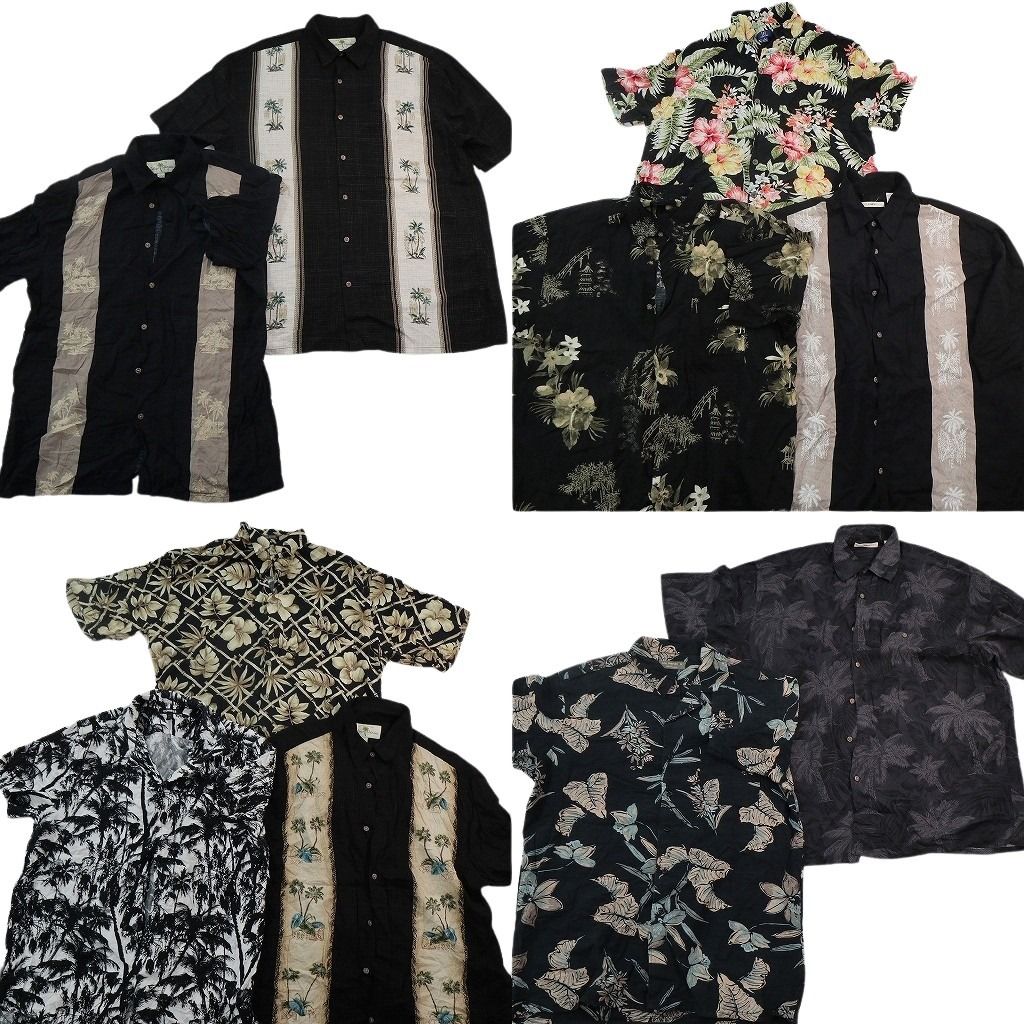 古着卸 まとめ売り 黒ボディ アロハシャツ 10枚セット ( メンズ L ) パームツリー ハイビスカス オープンカラー 中古 古着 NE7589 10,508円