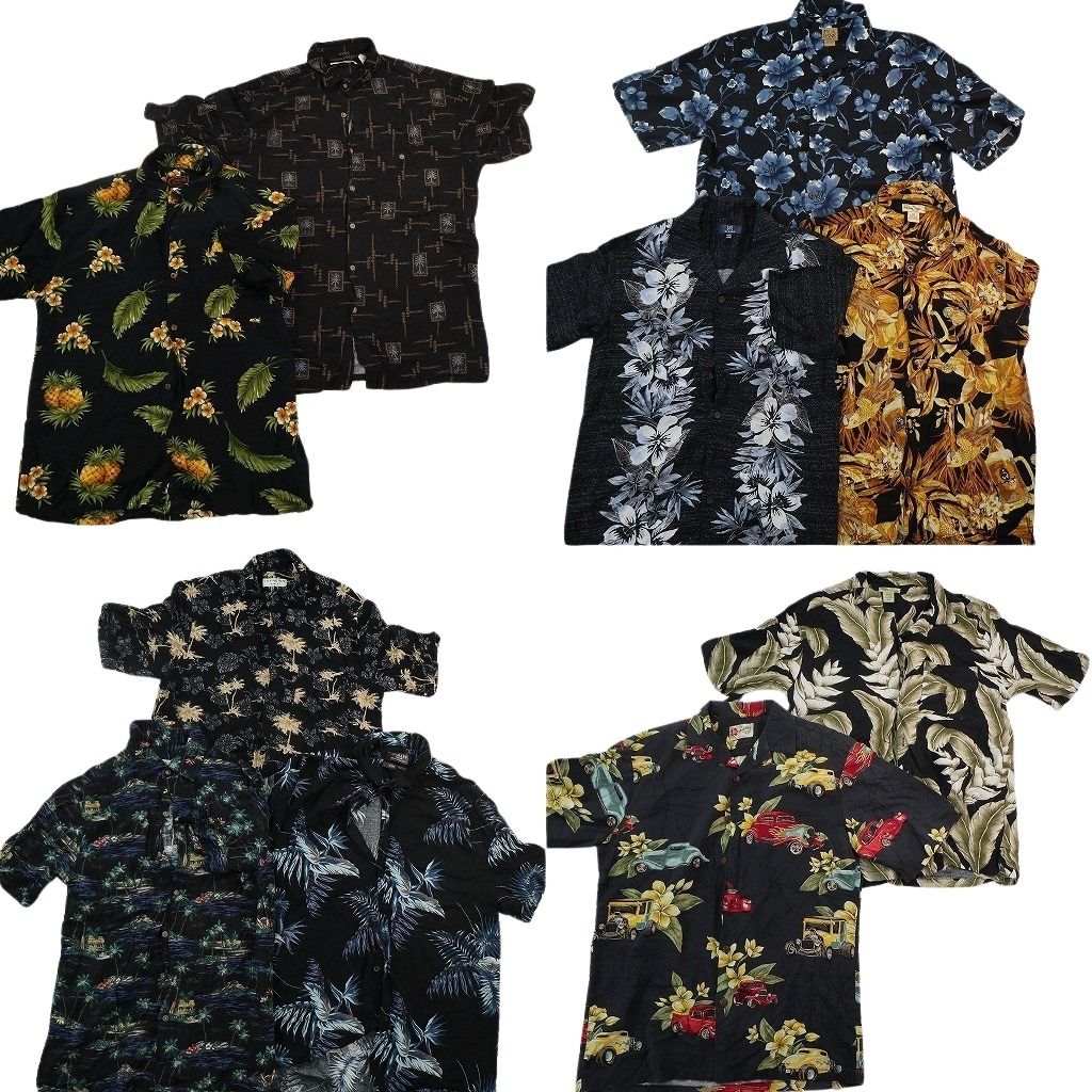 古着卸 まとめ売り 黒ボディ アロハシャツ 10枚セット ( メンズ S/M ) 乗り物モチーフ ハイビスカス ボックスカット 中古 古着 NE7593